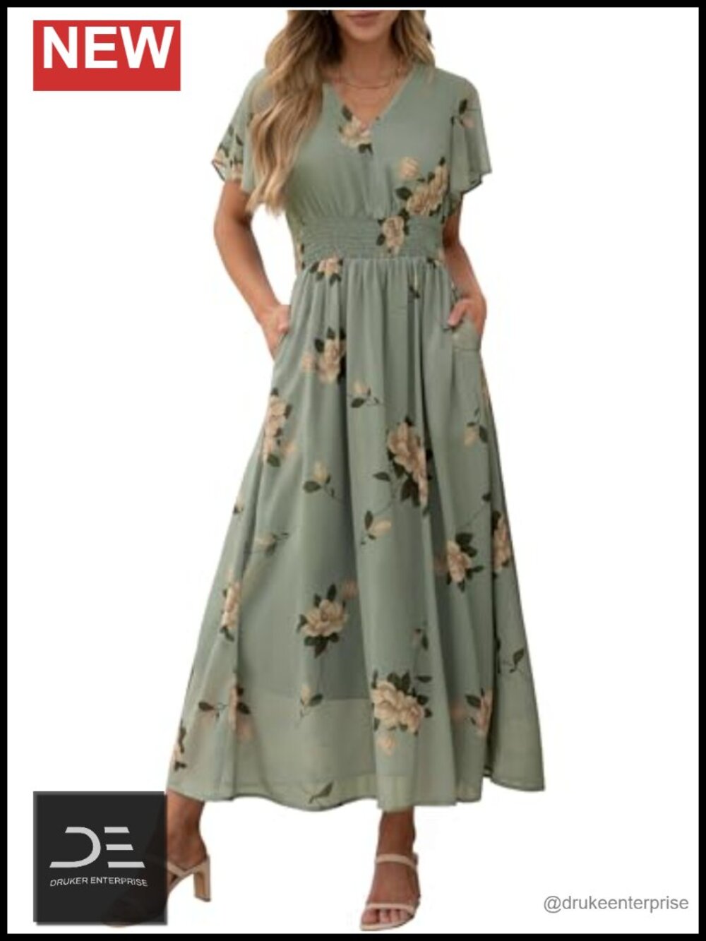 Womens Floral Maxi Dress V Neck Short Sleeve Chiffon Boho Beach Wedding Guest